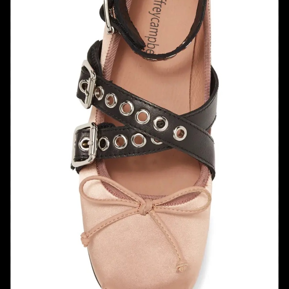 Jeffrey Campbell Choreo ballet flats in pink satin with black buckled straps. - Picture 15 of 16